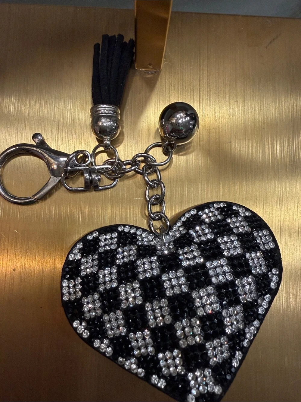 Black & Silver Crystal Heart Keychain Bag Charm